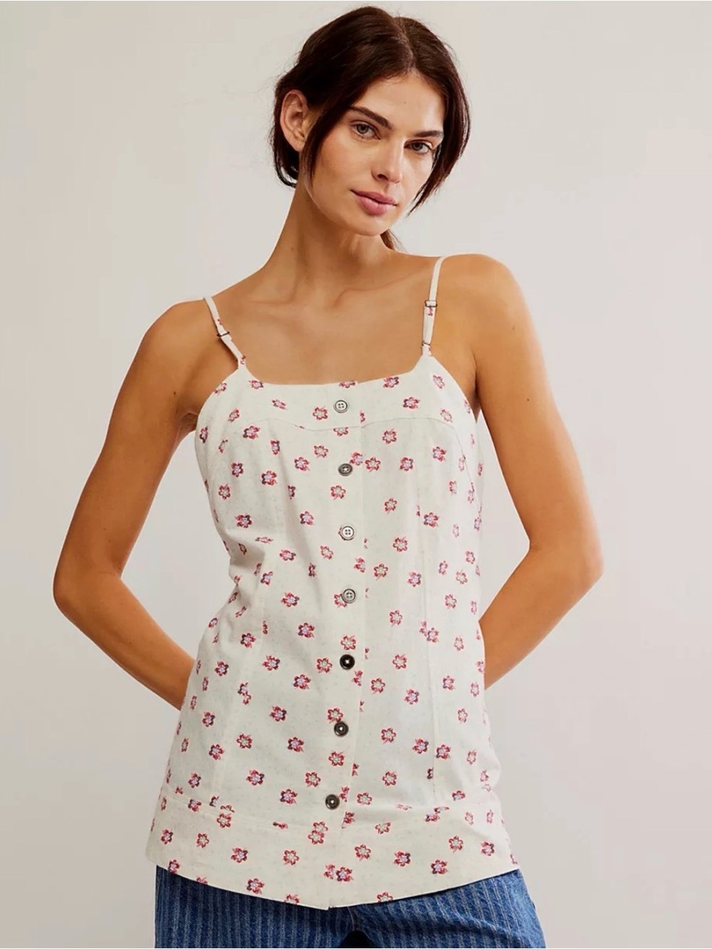 Free People White Floral Button-Front tunic Cami
